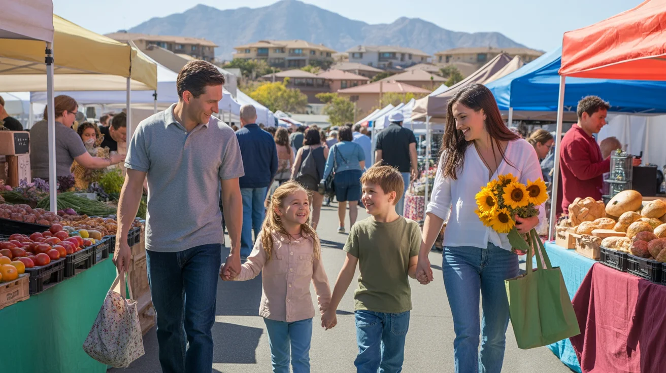 A family shops together at a farmers market in Henderson, NV on a sunny morning.