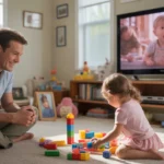 Father relaxes in recliner while daughter plays with toys in living room of Highlands Ranch home