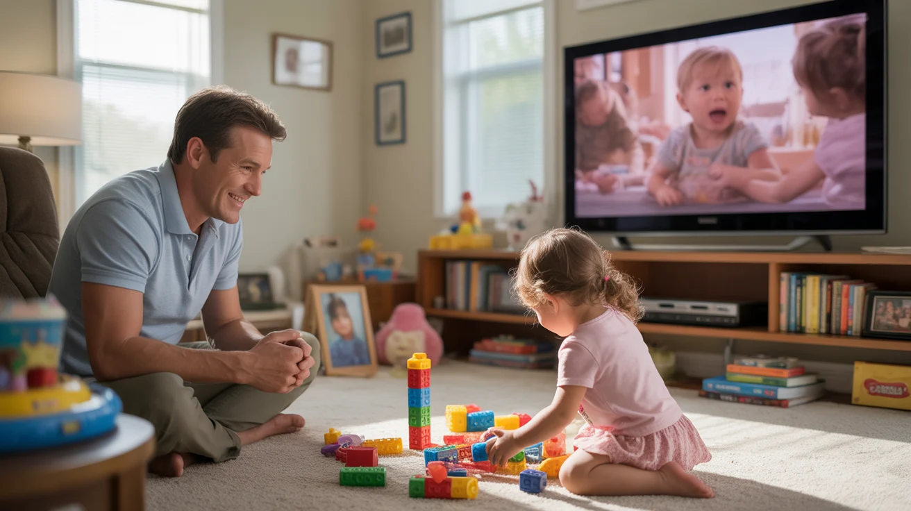 Father relaxes in recliner while daughter plays with toys in living room of Highlands Ranch home