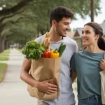 Couple carrying groceries home in Brandon, Florida