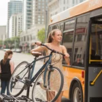Woman loading bicycle onto front rack of LYNX bus in downtown Orlando