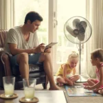 Father works on tablet in breezy corner while daughters play board game in living room on hot summer day