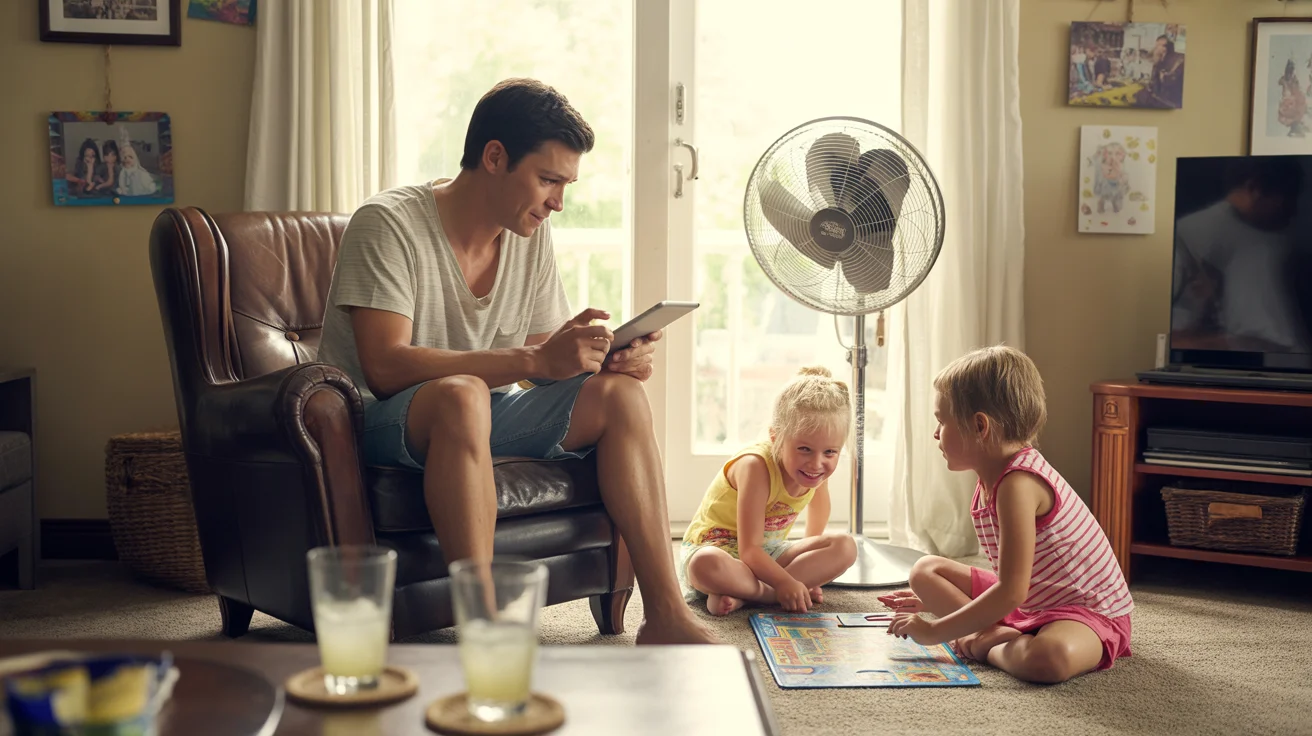 Father works on tablet in breezy corner while daughters play board game in living room on hot summer day