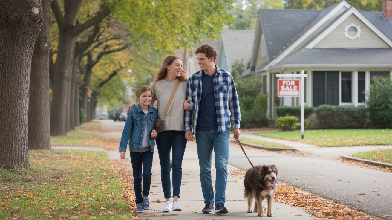 Family walks dog past home for sale on tree-lined street in Elgin, IL in fall