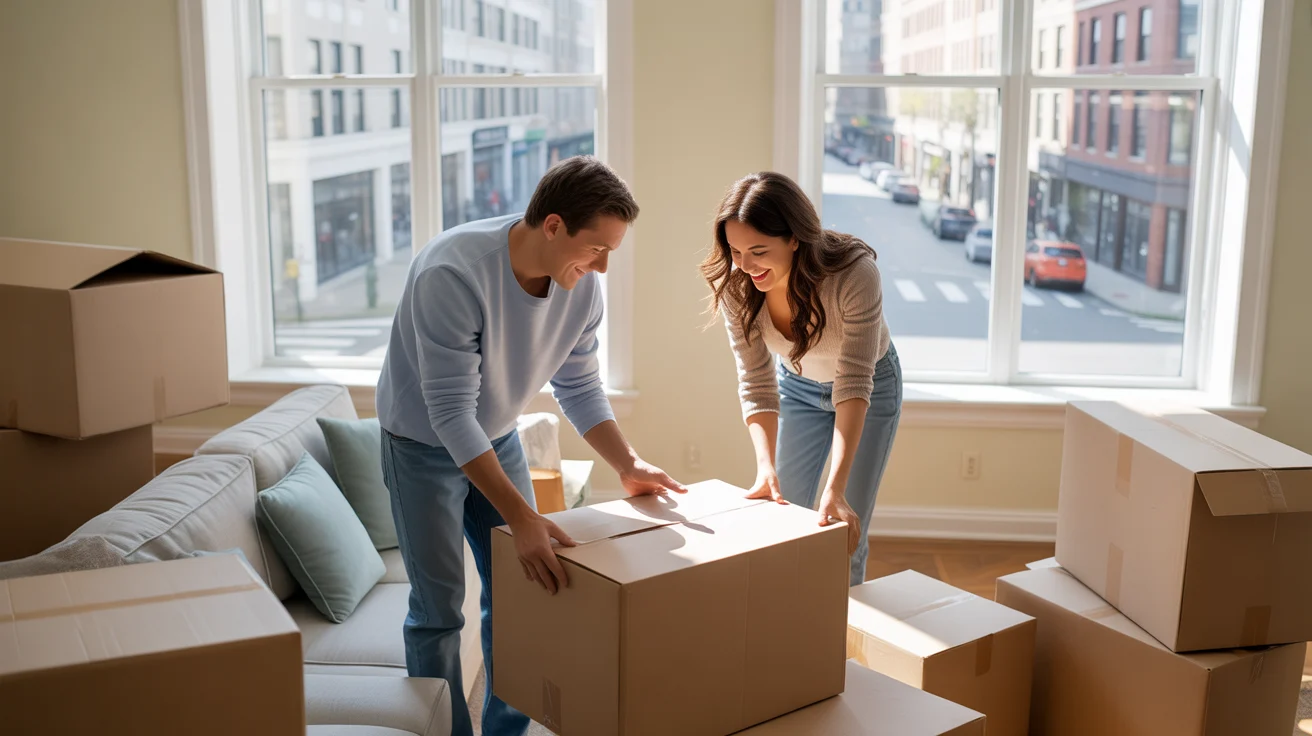 Couple unpacks in sunny apartment with street view in Joliet, IL