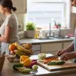 A kitchen counter with meal ingredients and a bowl of fruit in a Naperville home.