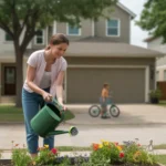Woman watering flowers by driveway of suburban home in Frisco, TX