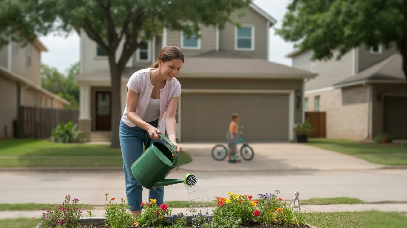 Woman watering flowers by driveway of suburban home in Frisco, TX