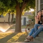 Couple eating popsicles on porch steps in summer evening