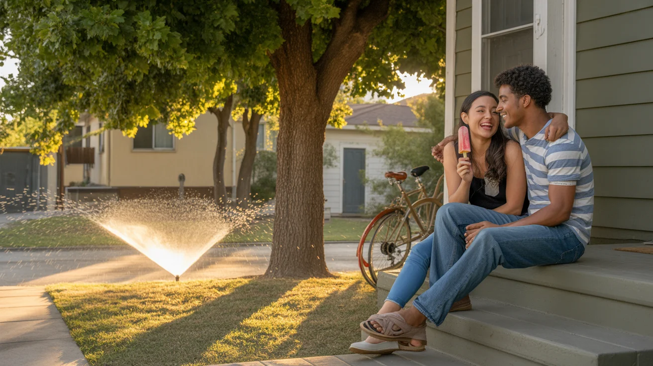 Couple eating popsicles on porch steps in summer evening