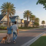 Couple walking their dog in an upscale new neighborhood in League City, Texas