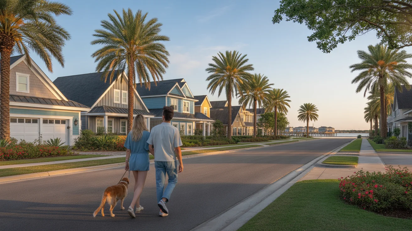 Couple walking their dog in an upscale new neighborhood in League City, Texas