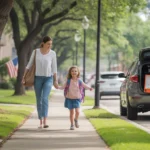 Mother walking daughter to school in a friendly Katy, Texas neighborhood