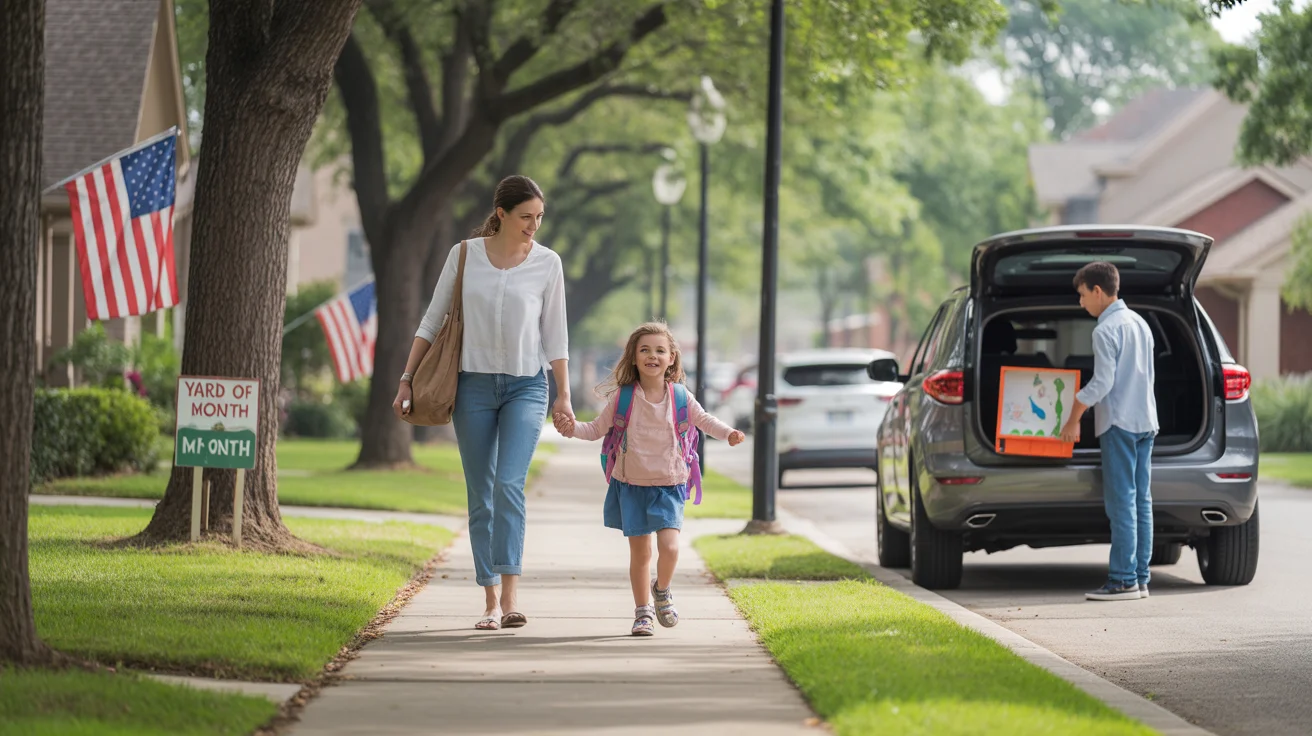 Mother walking daughter to school in a friendly Katy, Texas neighborhood