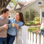 A couple chats with their neighbor over a fence in front of a craftsman home in Mckinney, Texas