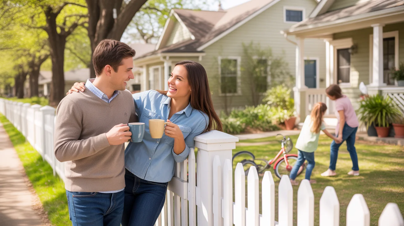 A couple chats with their neighbor over a fence in front of a craftsman home in Mckinney, Texas