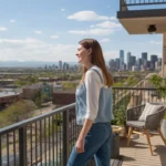 Woman enjoying view from balcony of her Denver apartment