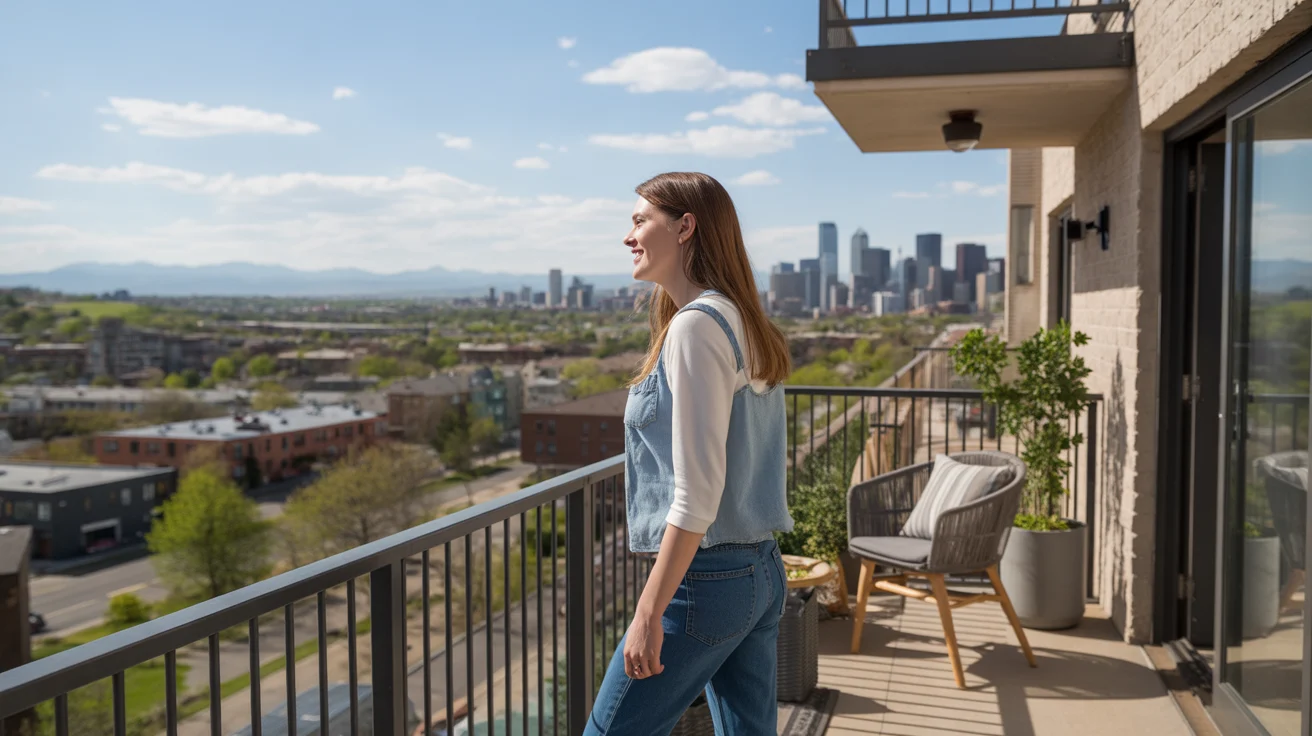 Woman enjoying view from balcony of her Denver apartment
