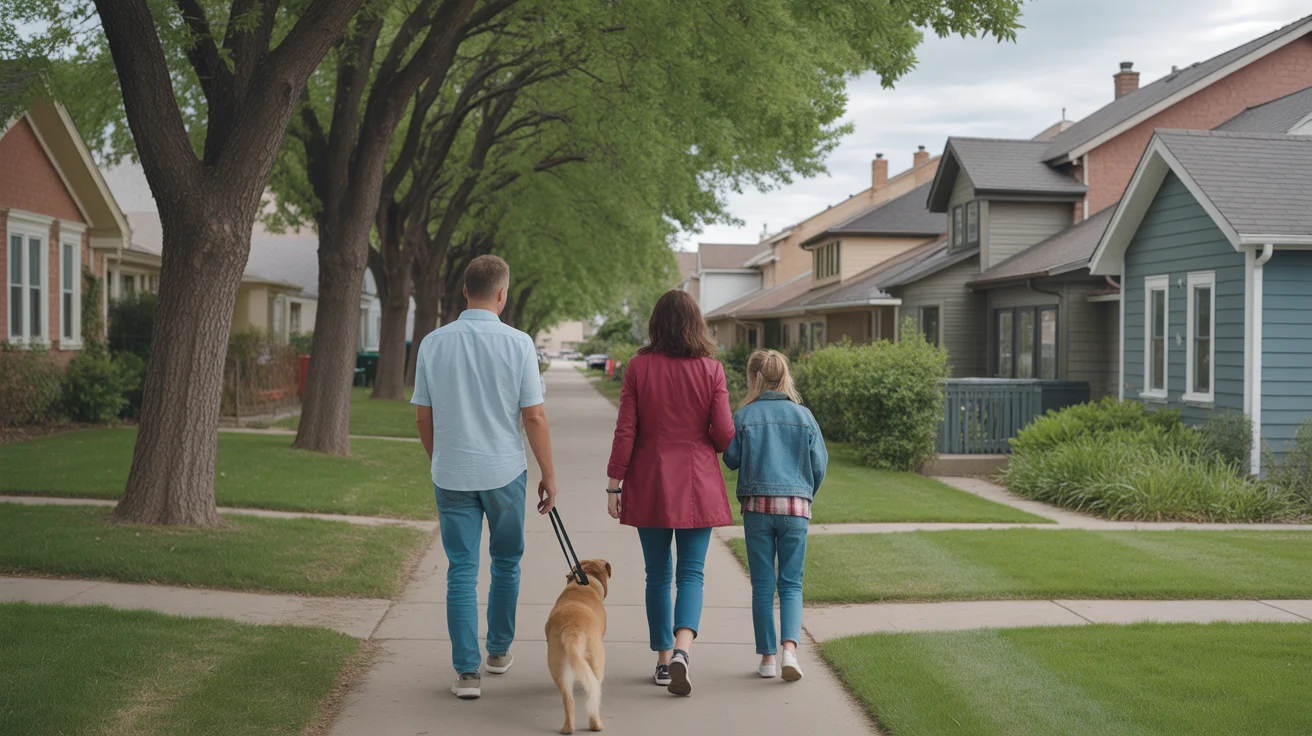 Family walking dog through residential neighborhood in Thornton, Colorado