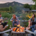 Friends gather around a backyard firepit in Boulder at dusk, enjoying conversation and offline time together.