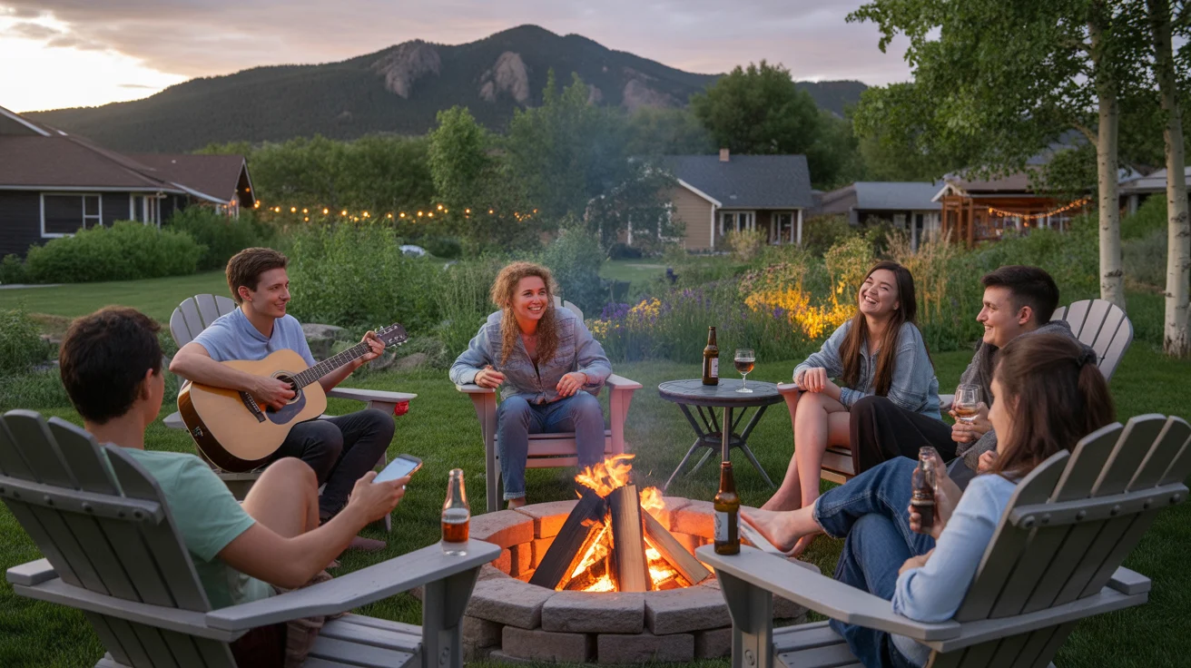 Friends gather around a backyard firepit in Boulder at dusk, enjoying conversation and offline time together.
