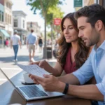 Couple considers cost of living in Fullerton, CA while working at laptop in coffee shop