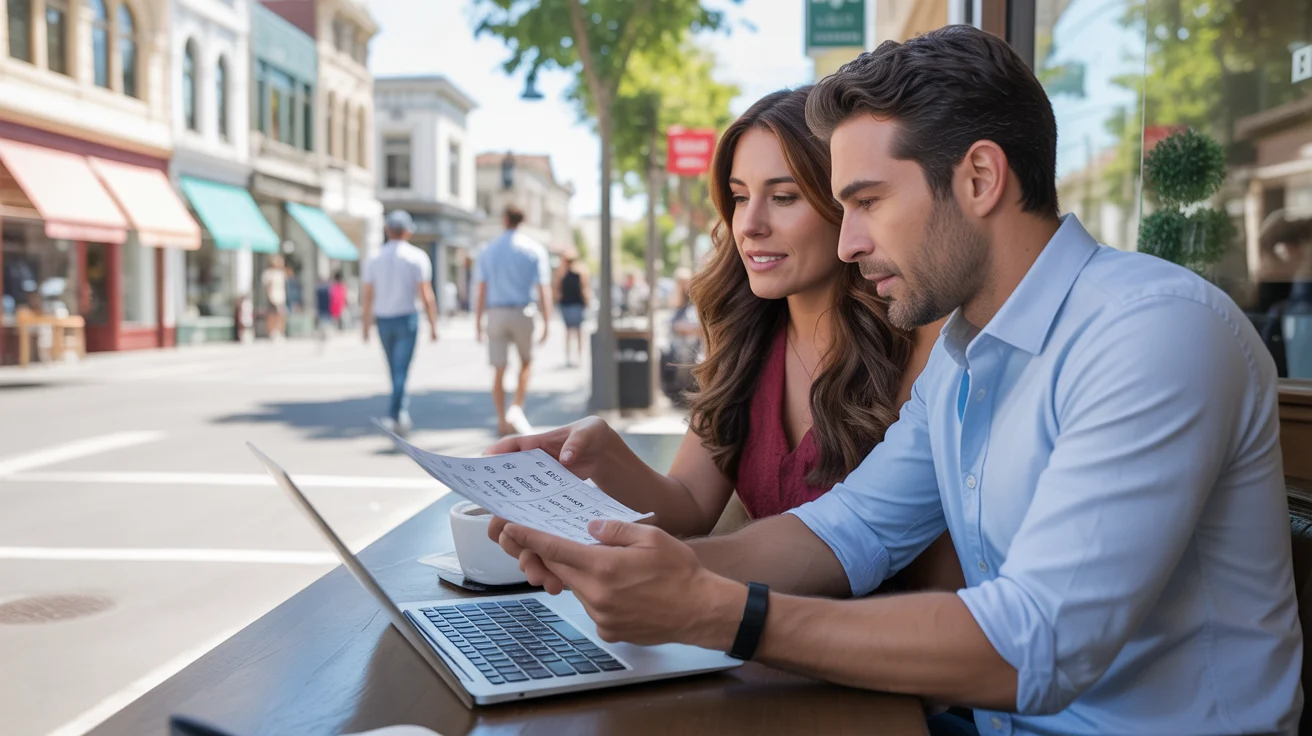 Couple considers cost of living in Fullerton, CA while working at laptop in coffee shop