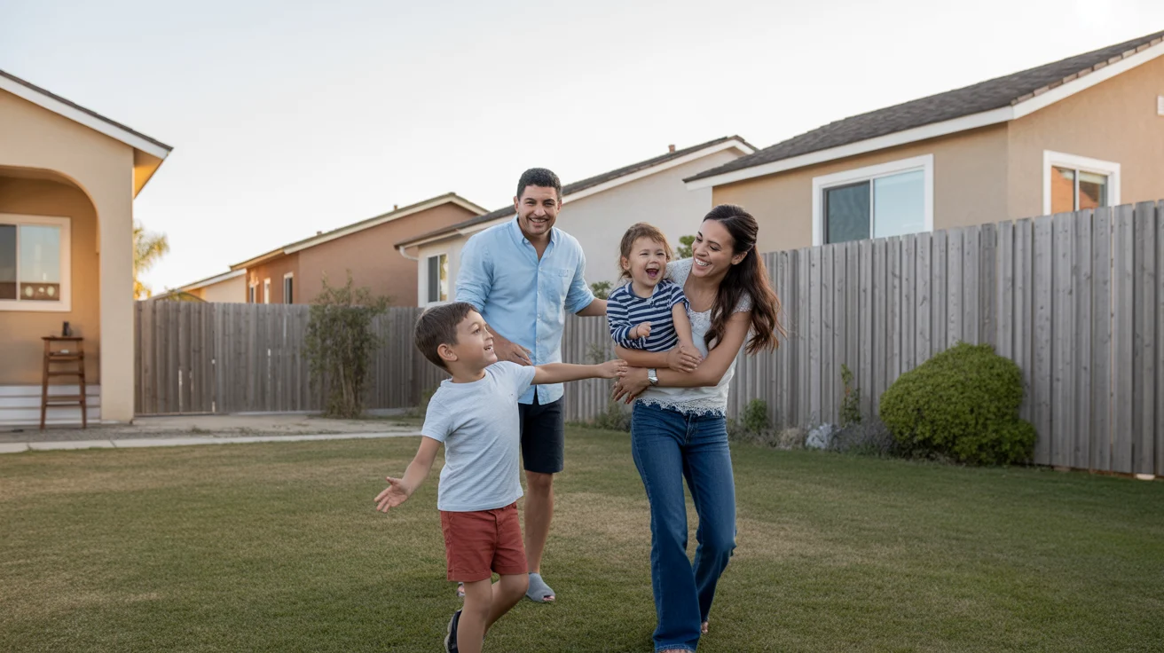 Family enjoys quality time in the backyard of their San Bernardino home at sunset