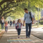 Father walking daughter to school along shaded sidewalk in Pflugerville, Texas suburb