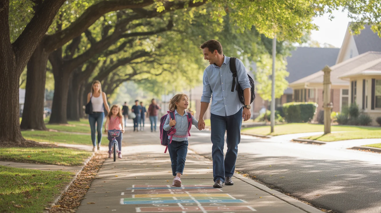 Father walking daughter to school along shaded sidewalk in Pflugerville, Texas suburb