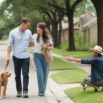 A couple walks their dog through a neighborhood in Pflugerville, Texas on a sunny day.
