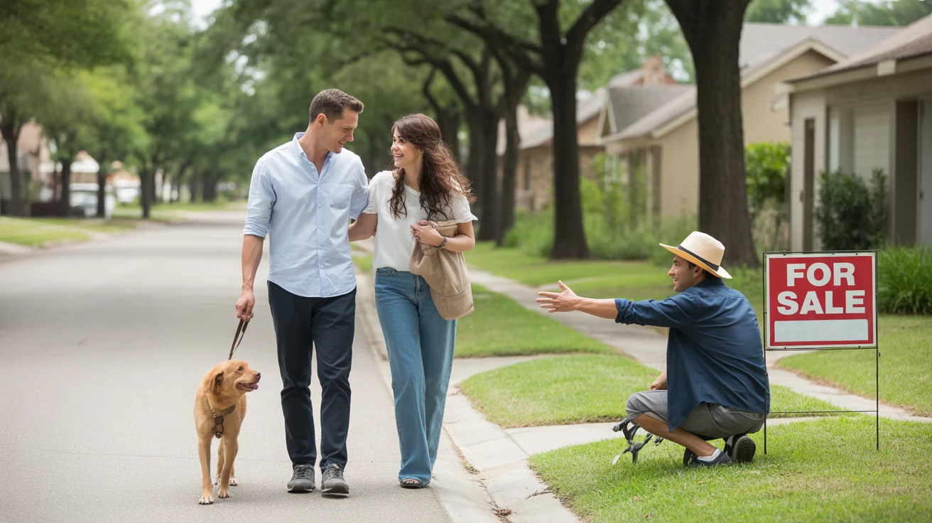 A couple walks their dog through a neighborhood in Pflugerville, Texas on a sunny day.