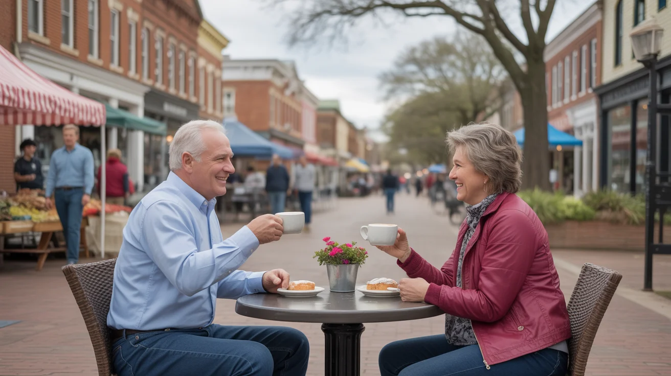 A couple has coffee at an outdoor cafe in Georgetown, Texas with a farmers market in the background.