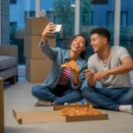 Couple eating pizza on floor of new apartment in Ontario, CA surrounded by moving boxes