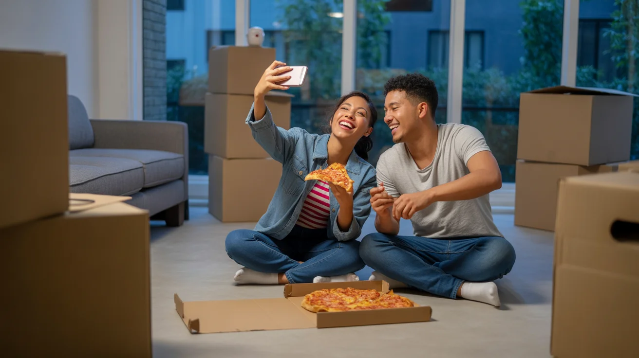 Couple eating pizza on floor of new apartment in Ontario, CA surrounded by moving boxes