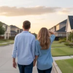 Couple walking through a spacious new neighborhood in Katy, TX at sunset