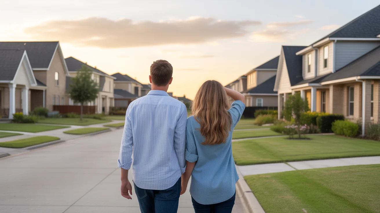 Couple walking through a spacious new neighborhood in Katy, TX at sunset