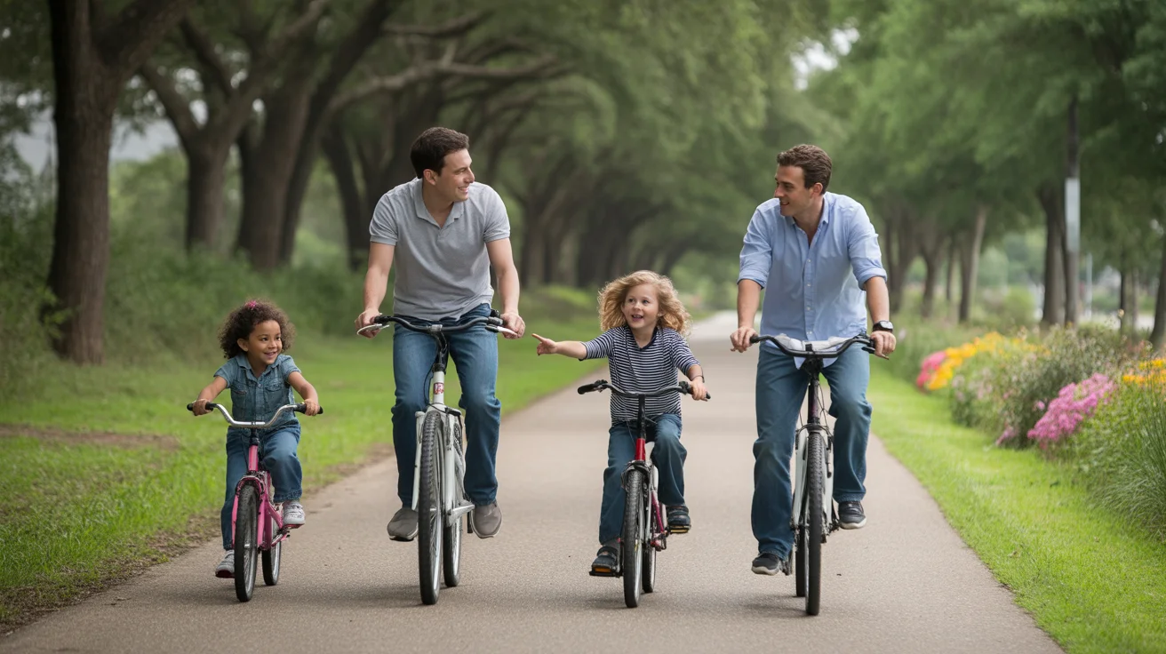 Family biking on a trail lined with trees and flowers in Sugar Land, TX