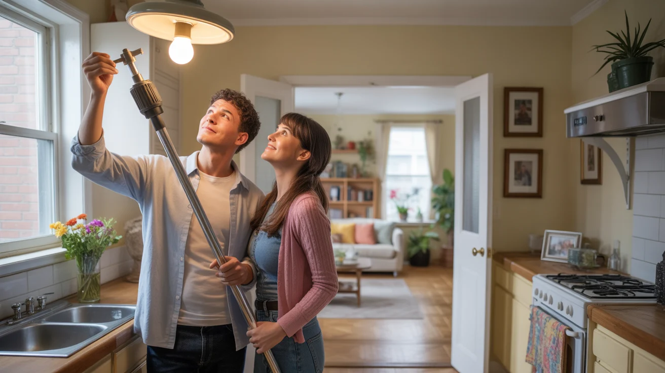 A couple changes a light bulb in the kitchen of their Chicago bungalow