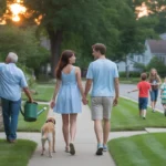 Couple walking their dog in a peaceful Lexington neighborhood at sunset