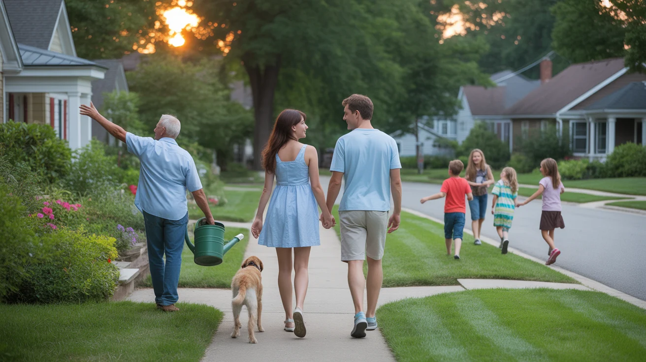 Couple walking their dog in a peaceful Lexington neighborhood at sunset