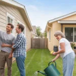 Neighbors painting house trim and gardening outside condo in Round Rock