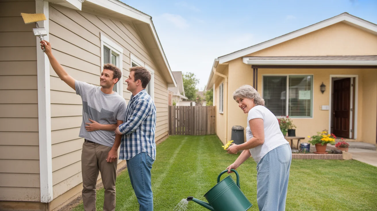 Neighbors painting house trim and gardening outside condo in Round Rock