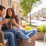 Couple drinking coffee on townhouse porch in West Jordan Utah suburb