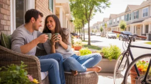 Couple drinking coffee on townhouse porch in West Jordan Utah suburb