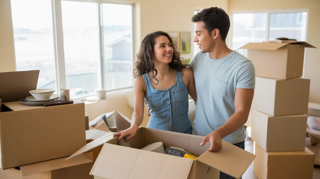 Couple unpacking after moving into new apartment in Littleton, Colorado