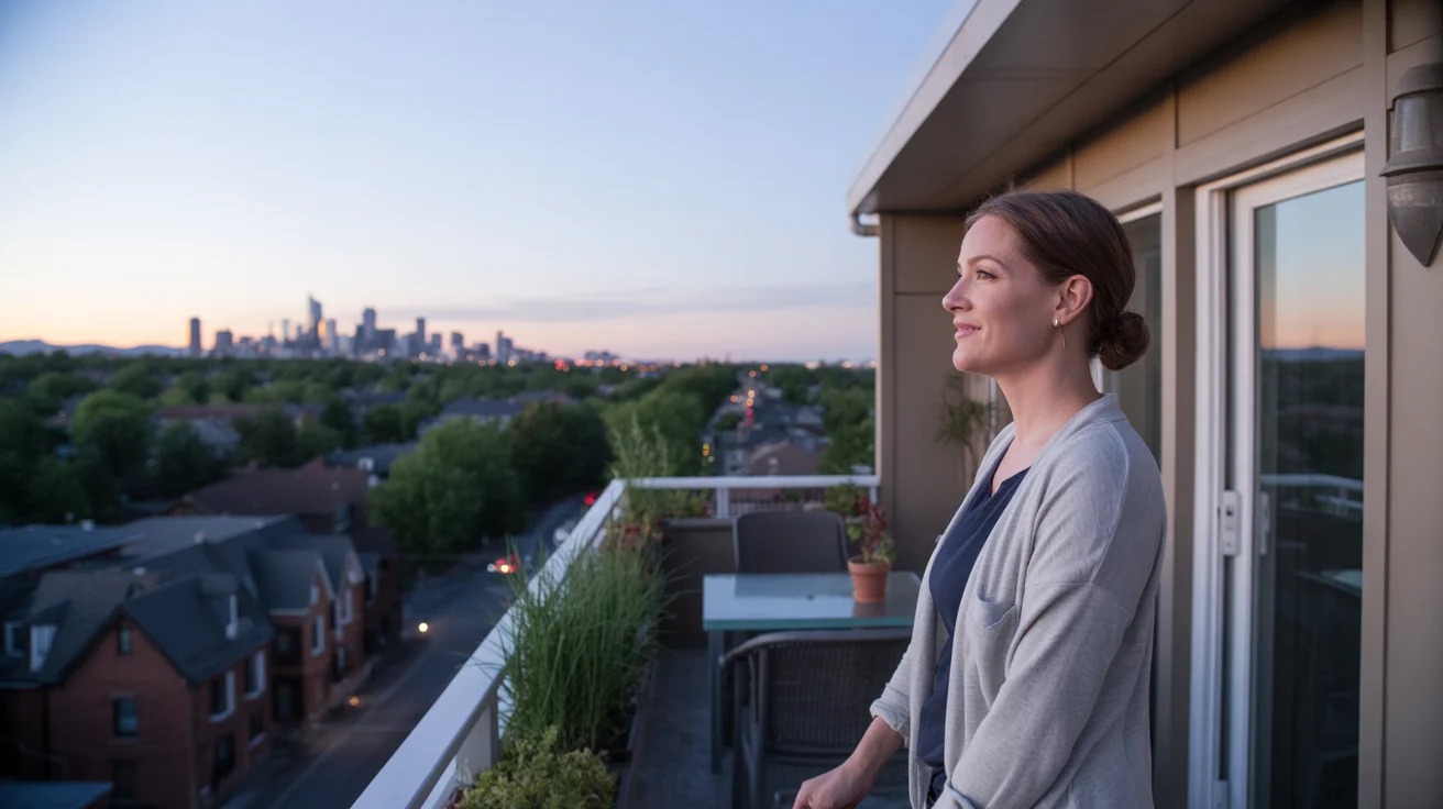 Woman admiring view of Denver skyline from Lakewood apartment balcony