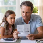 Father and daughter reviewing summer utility bill at kitchen table in Tampa home