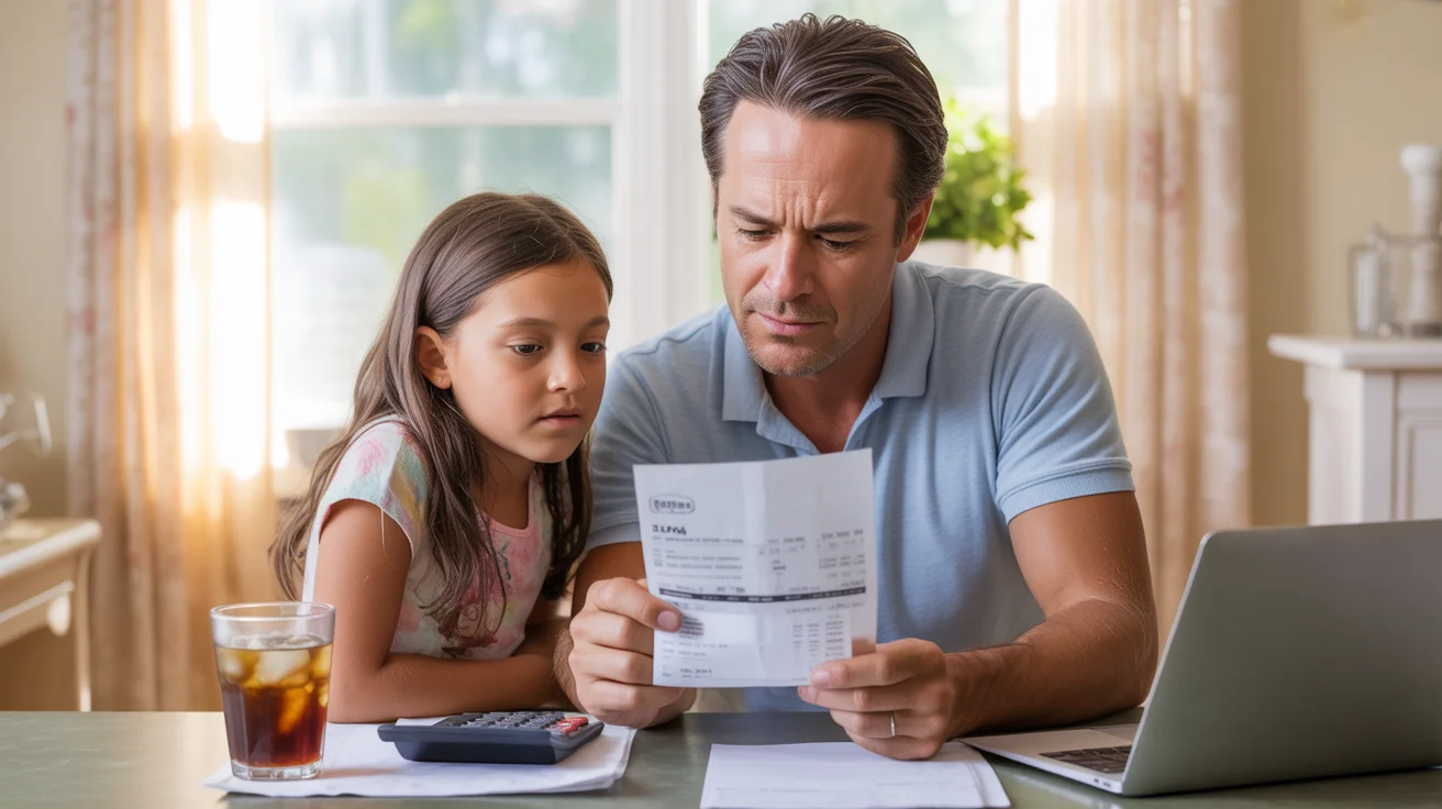 Father and daughter reviewing summer utility bill at kitchen table in Tampa home