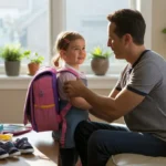 Father helping daughter pack backpack for school in living room